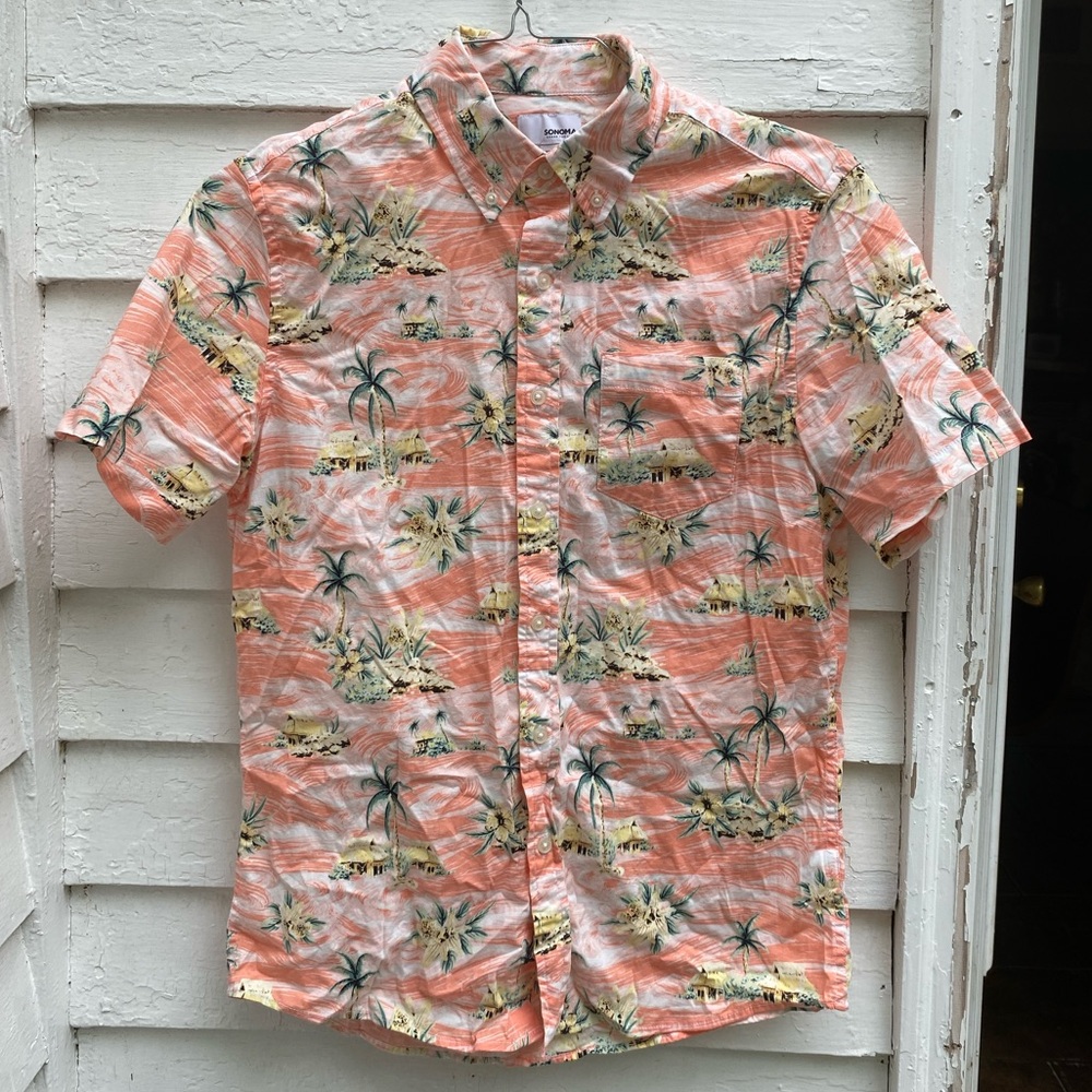 Sonoma Tropical Palm Tree Island Orange Casual Button Down Shirt